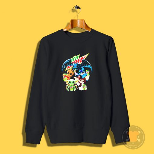 Baby Yoda Groot Stitch Toothless hugging Mtn Dew Sweatshirt