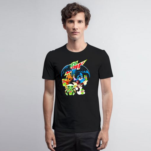 Baby Yoda Groot Stitch Toothless hugging Mtn Dew T Shirt