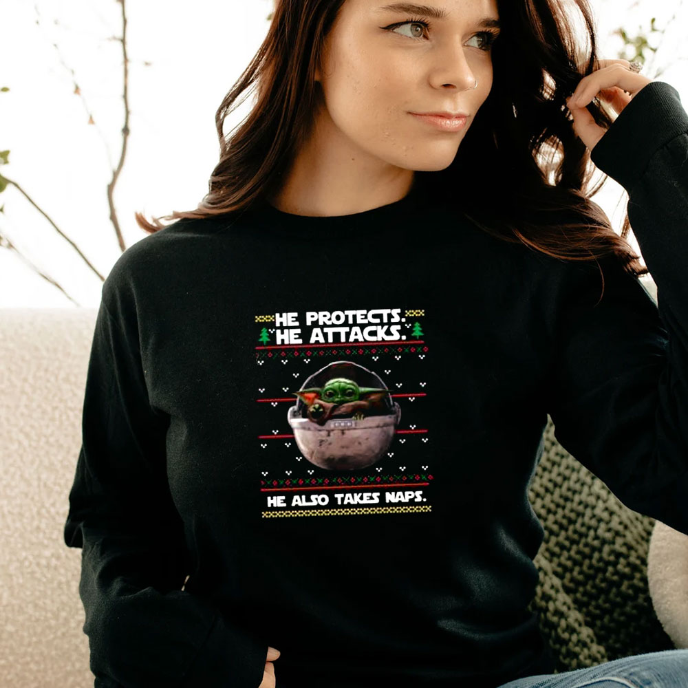 Baby Yoda He Protects He Also Takes Naps Christmas Long Sleeve