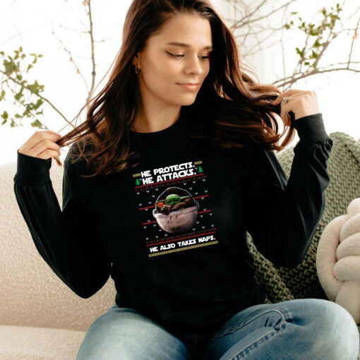 Baby Yoda He Protects He Also Takes Naps Christmas Long Sleeve