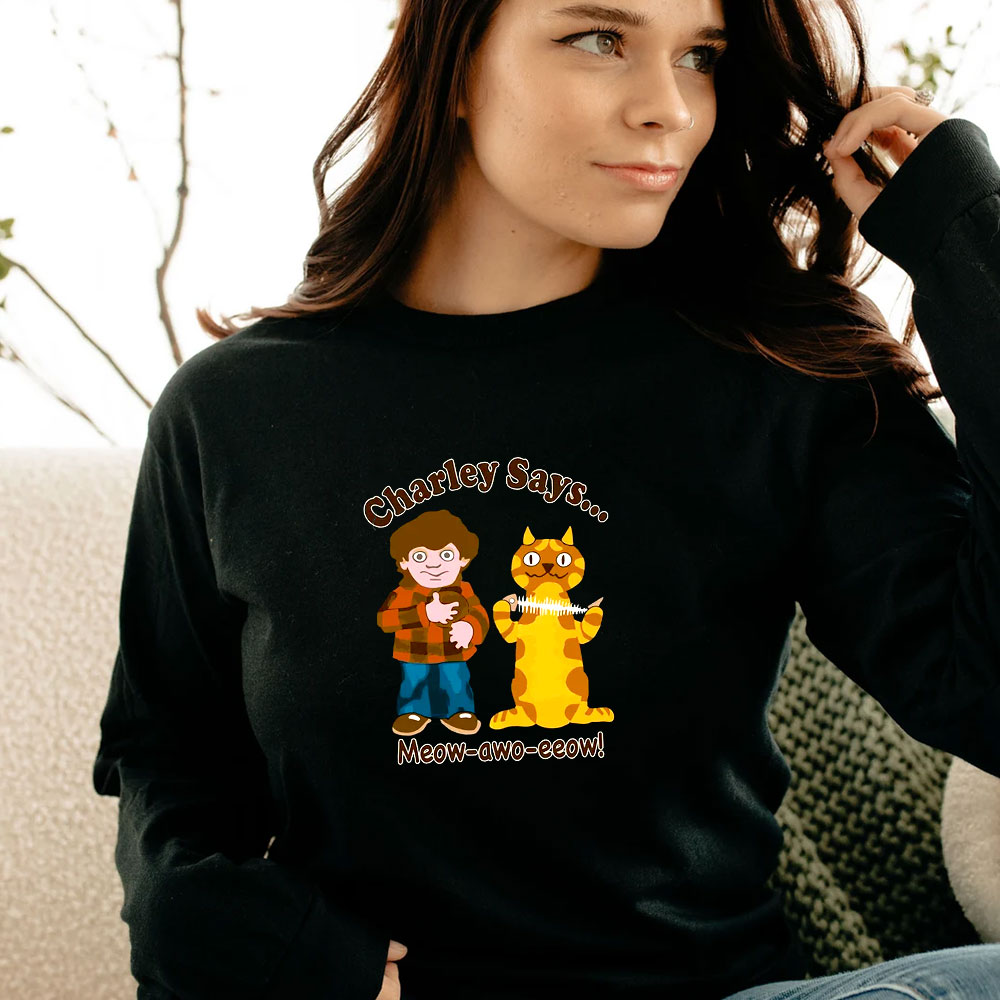 Funny Cartoon Charley Says Meow Retro TV Safety Long Sleeve