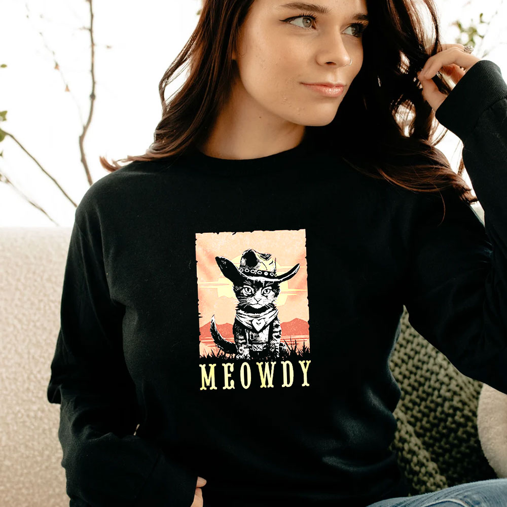 Parody Meowdy Cowboy Sunset Vintage Long Sleeve