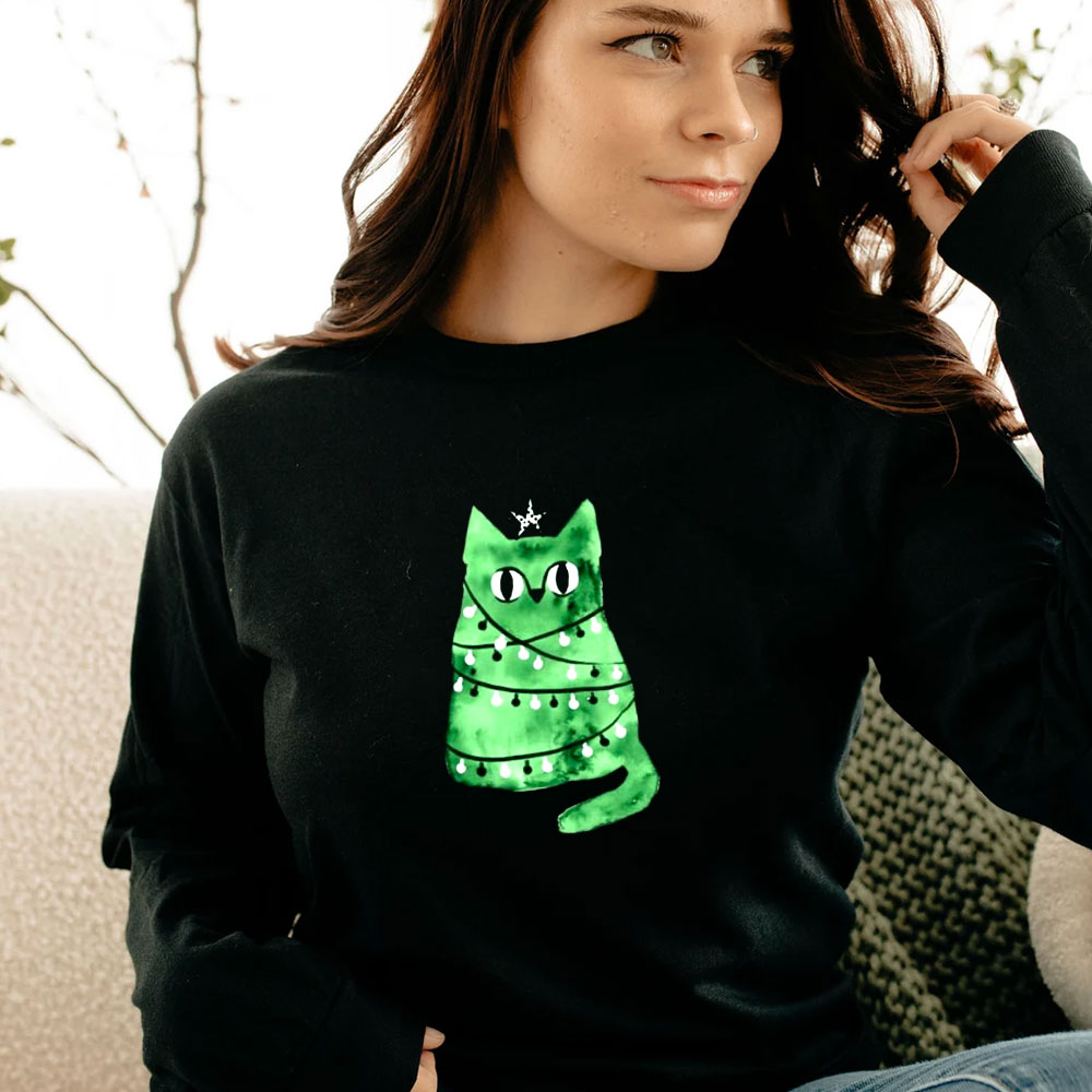 Watercolor Green Christmas Cat Long Sleeve