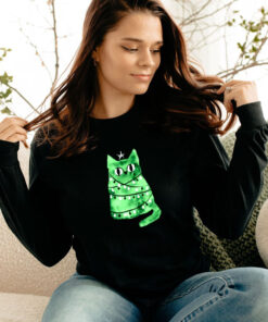 Watercolor Green Christmas Cat Long Sleeve