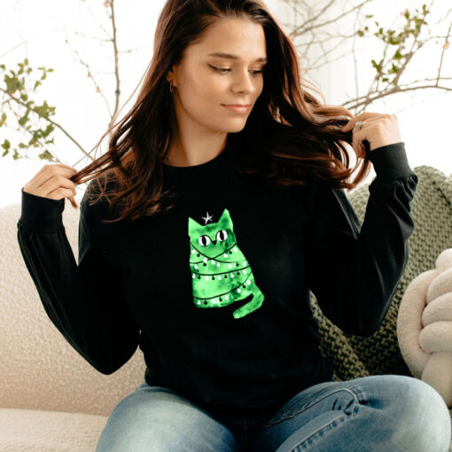 Watercolor Green Christmas Cat Long Sleeve